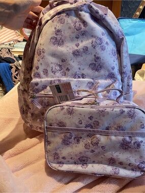 NWT BUNDLE Backpack and Lunchbox in Purple Floral Coquette Pattern